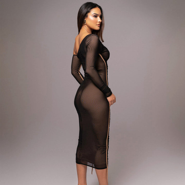 Contrast Piping Sheer Mesh Ruched Midi Dress