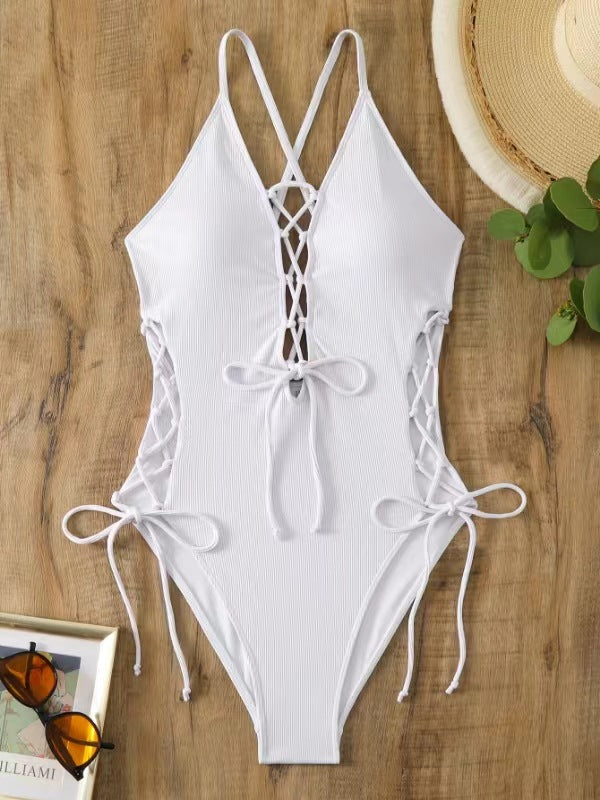 Lace-Up Crisscross Halter One-Piece Swimsuit