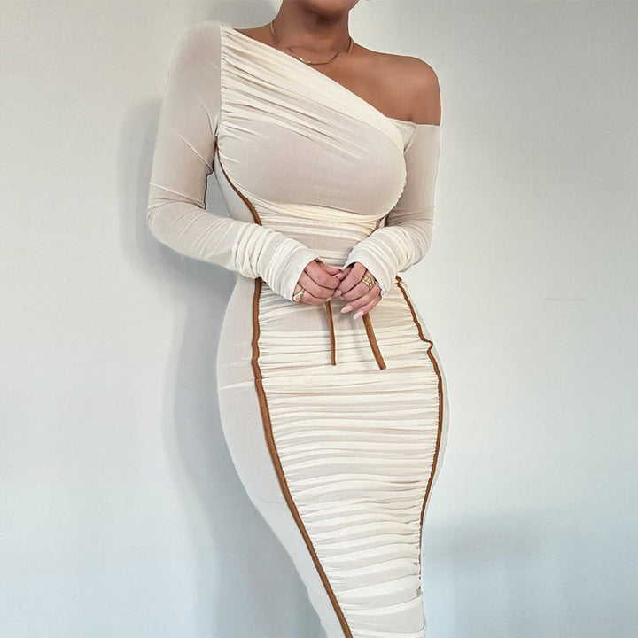 Contrast Piping Sheer Mesh Ruched Midi Dress