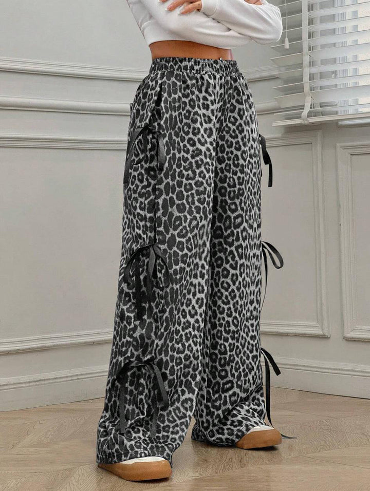 Leopard Print Bow Tie Wide Leg Pants