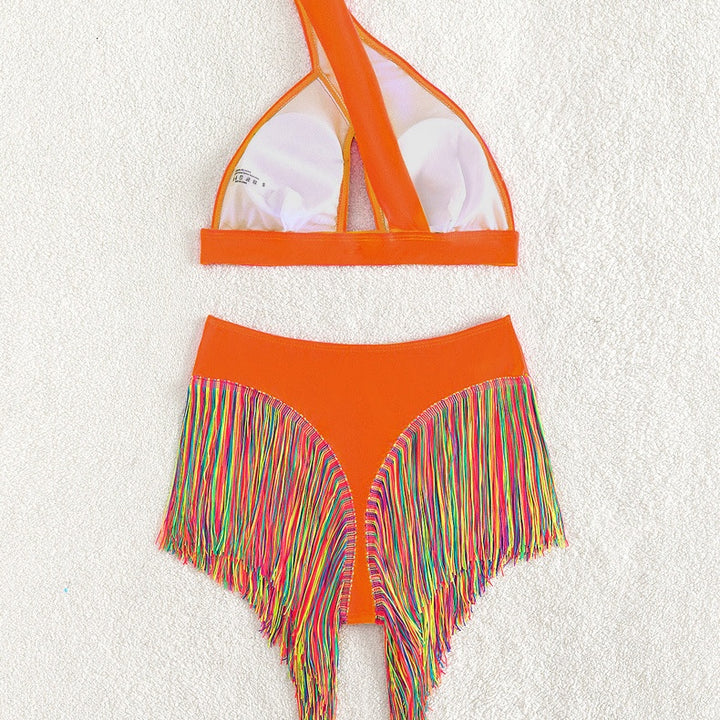 Rainbow Fringe One-Shoulder High-Waist Bikini