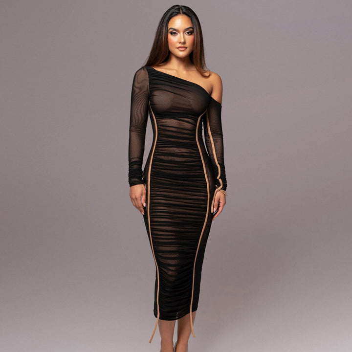 Contrast Piping Sheer Mesh Ruched Midi Dress