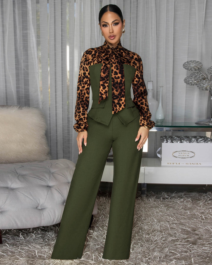 Wild Elegance Leopard Tie-Neck Pant Set