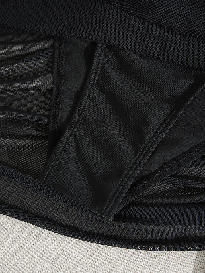 One-Shoulder Mesh Cutout Ruched Swim Dress