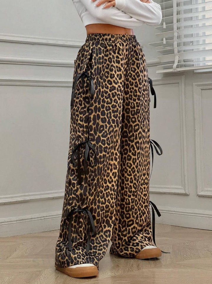 Leopard Print Bow Tie Wide Leg Pants