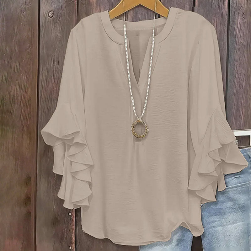 V-neck loose-fitting ruffled three-quarter sleeve plus size top