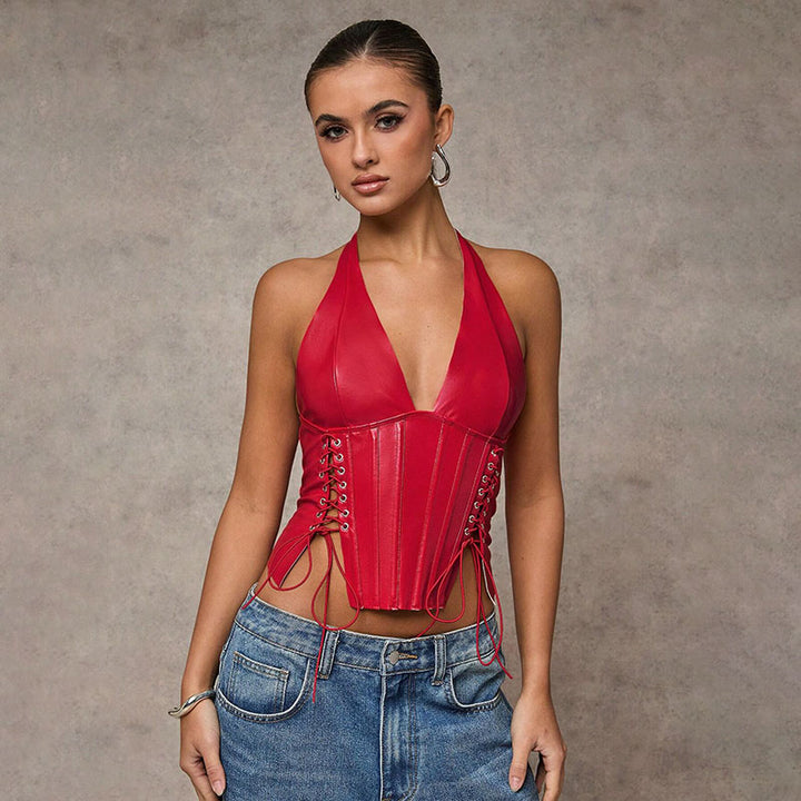 Sleeveless tie-up short leather camisole top