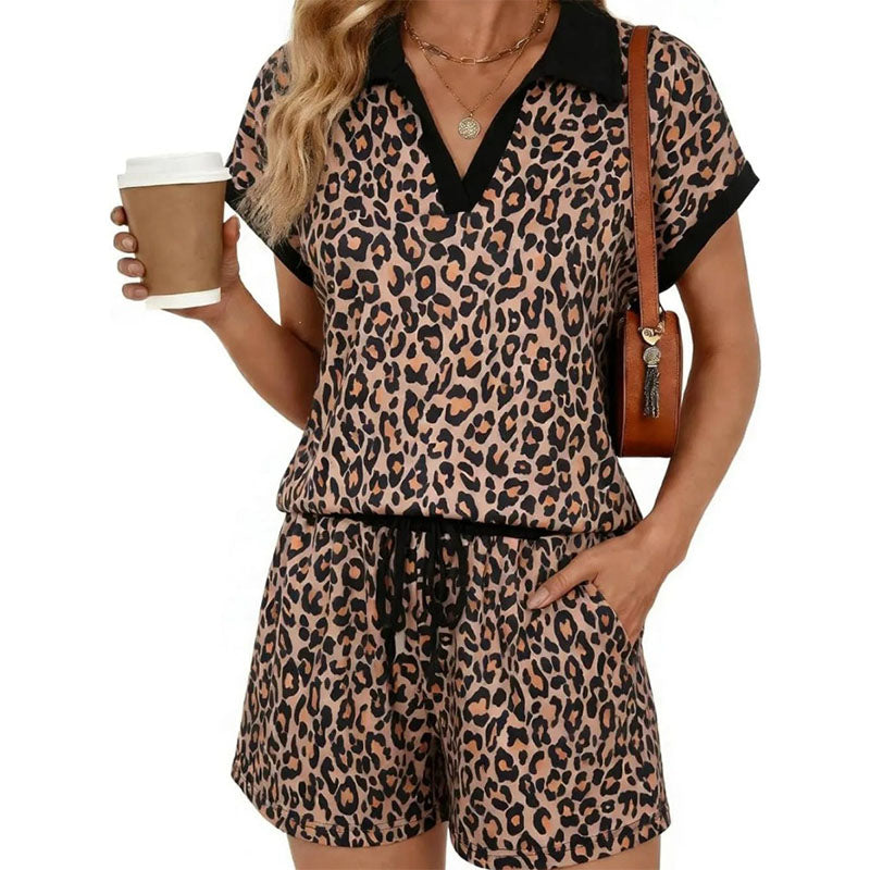Leopard print collared short-sleeve top and drawstring shorts set