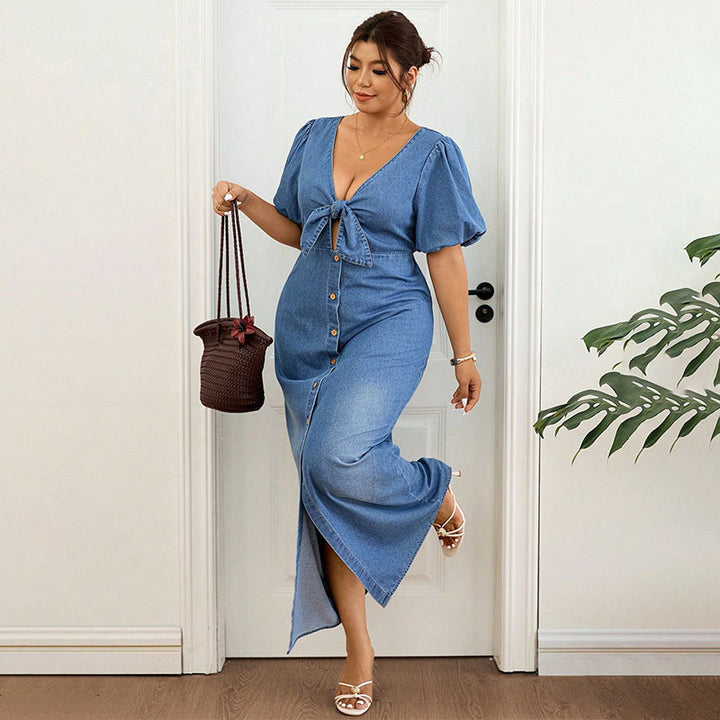 Plus-Size V-Neck Puff-Sleeve Slit Denim Dress