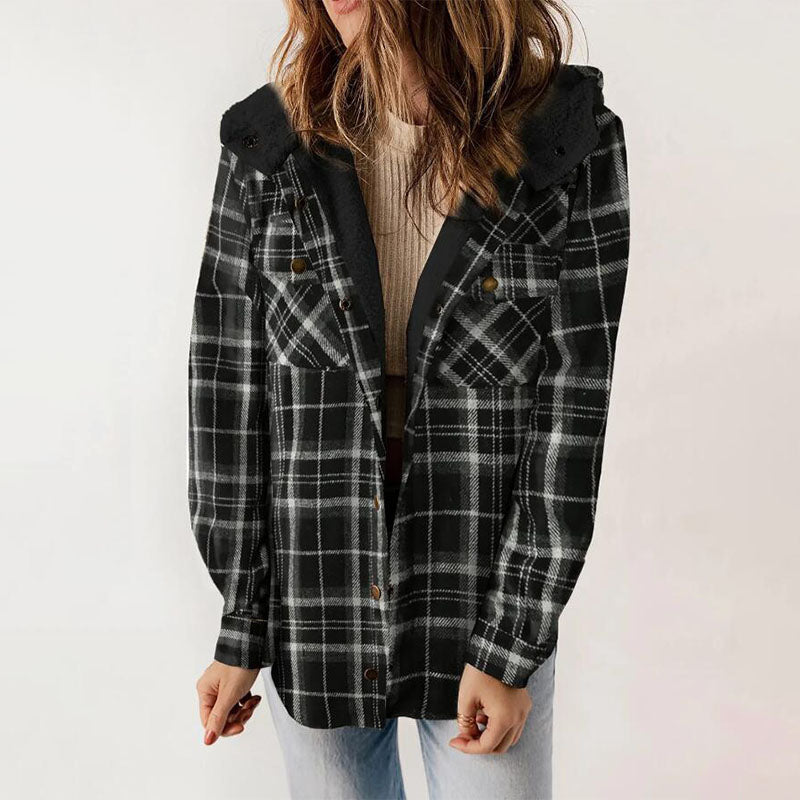 Casual hooded plaid fleece jacket