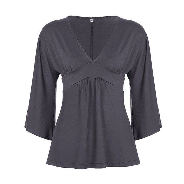 Deep V-neck high-waisted flared three-quarter sleeve top