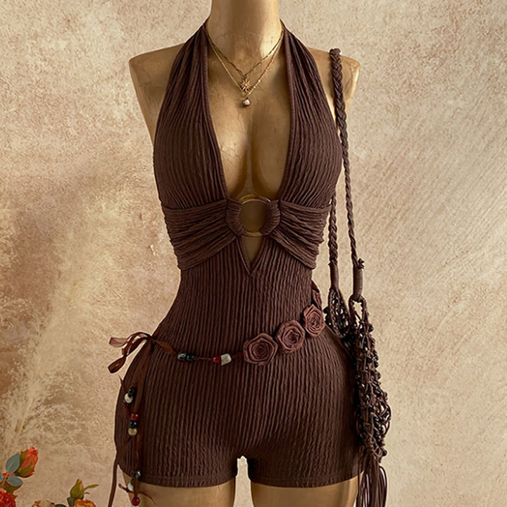 Textured openwork slim-fit jumpsuit shorts
