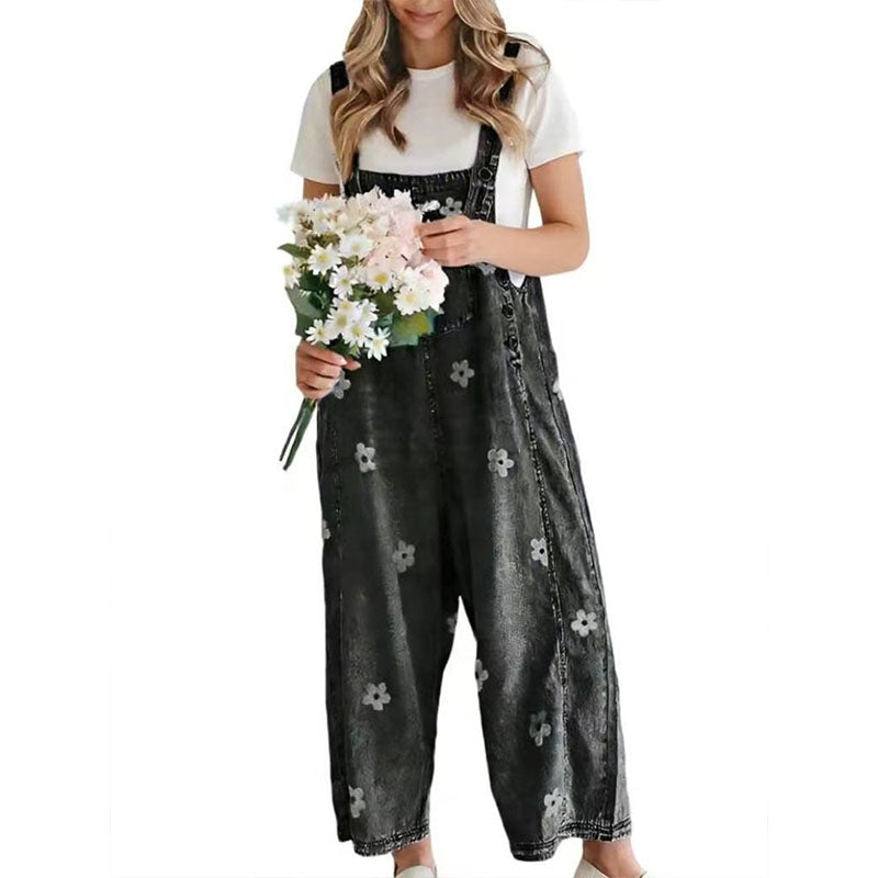 Floral denim wide-leg overalls