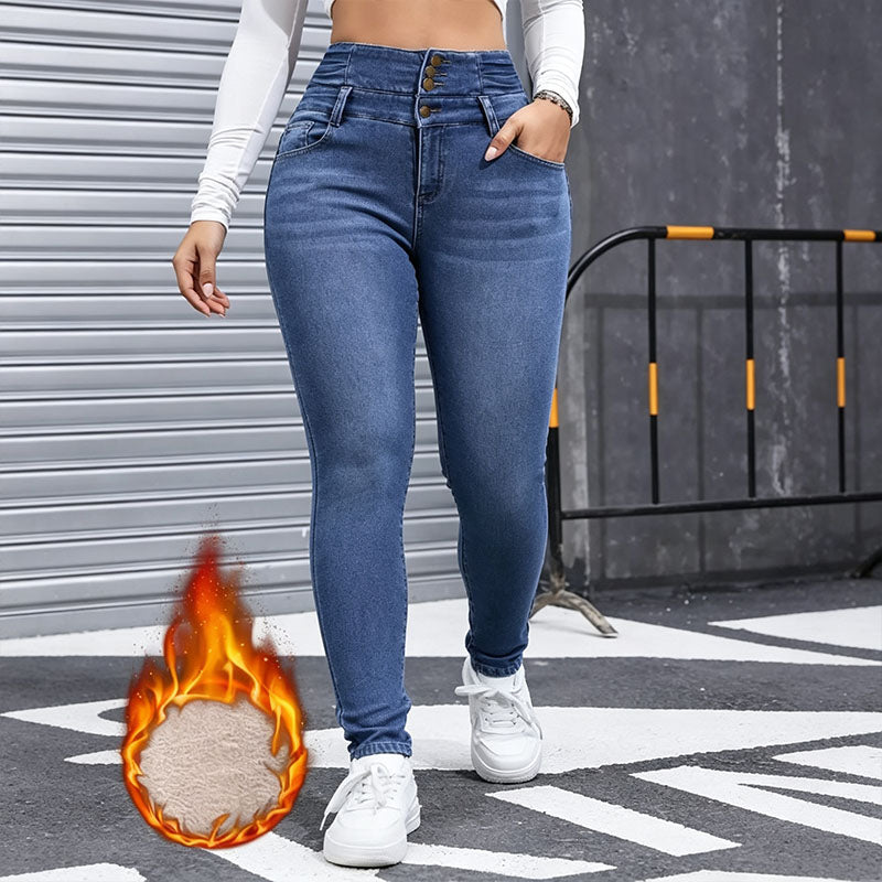 High-waisted fleece-lined skinny jeans