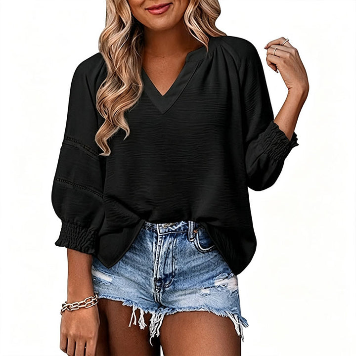 V-neck cut-out puff-sleeve casual top