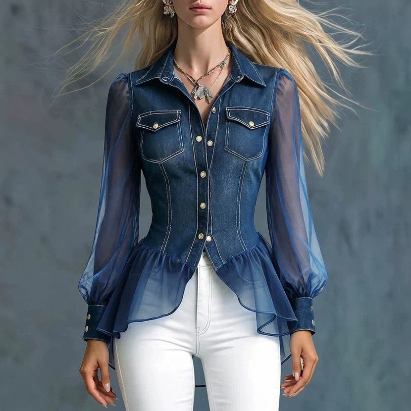 Mesh-paneled ruffled denim shirt