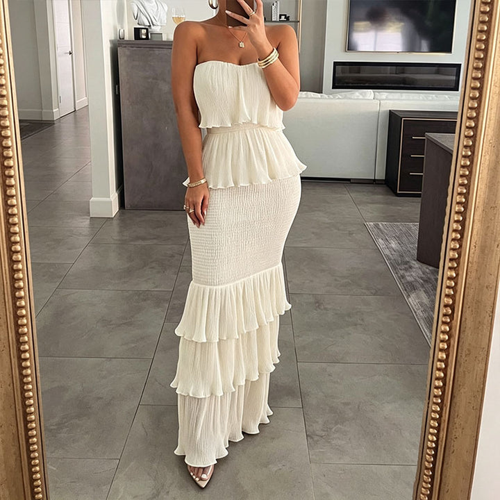 Strapless tiered ruffle fishtail maxi skirt