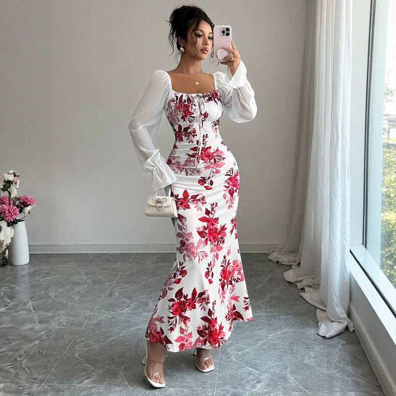 Ruched floral fishtail dress