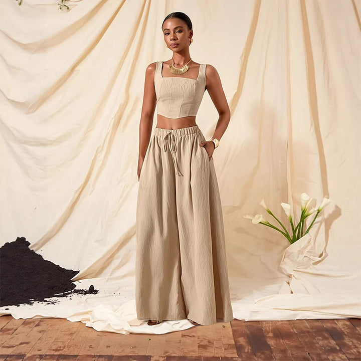 Square-neck cropped top and wide-leg trousers set