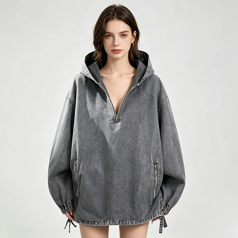 Retro washed hooded loose top