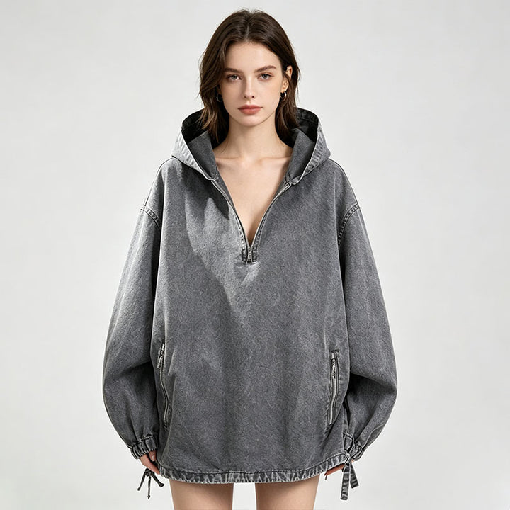 Retro washed hooded loose top
