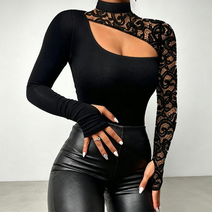Hollow-out lace patchwork slim-fit long-sleeved top