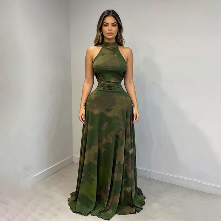 Resort-style printed turtleneck fitted pleated dress