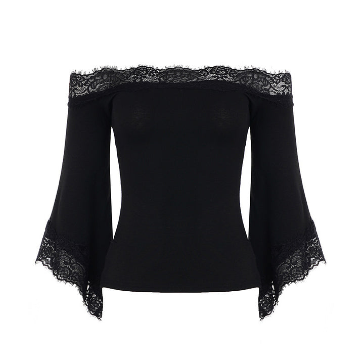 Off-the-shoulder lace-trimmed bell sleeve fitted top