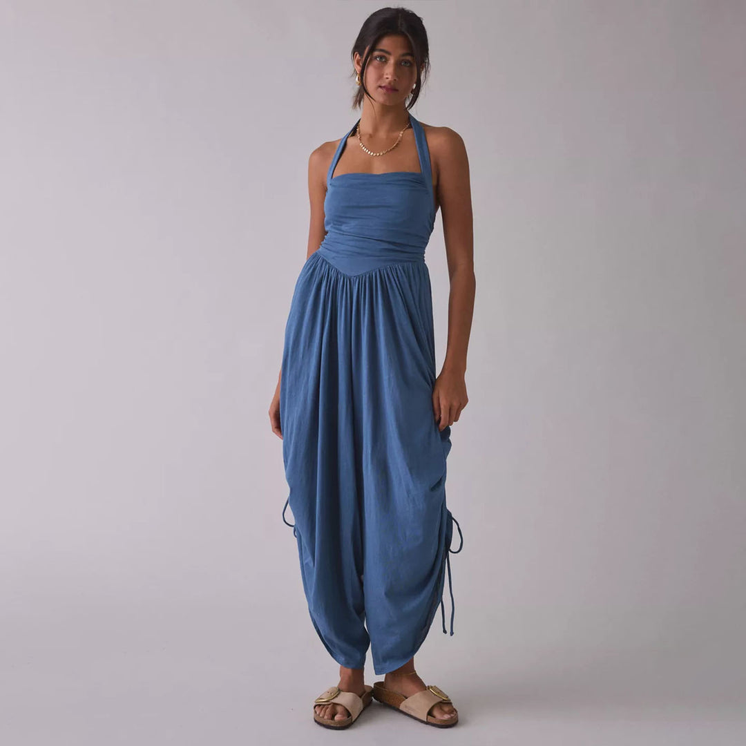 Square-neck back-tie loose harem jumpsuit
