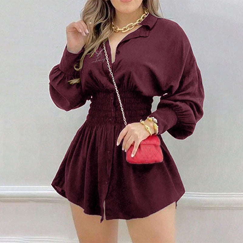 Pleated-waist collared shirt dress