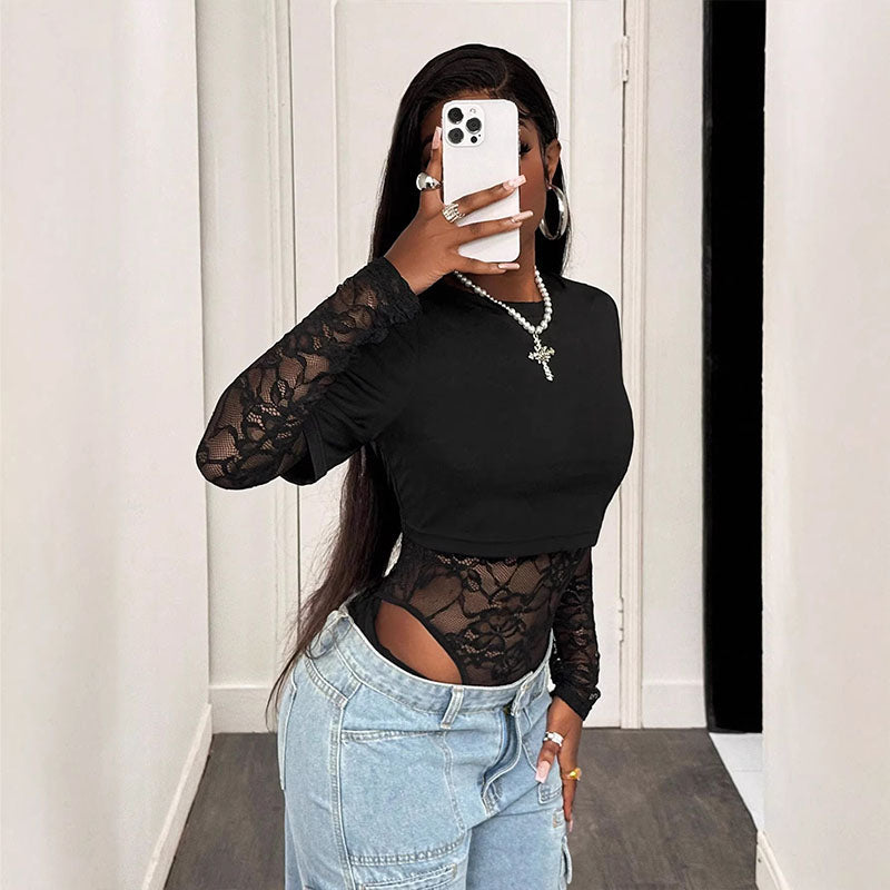 Long-sleeve cutout bodysuit with lace splicing