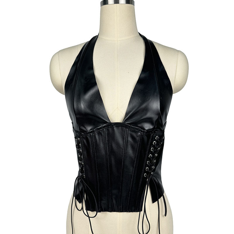 Sleeveless tie-up short leather camisole top