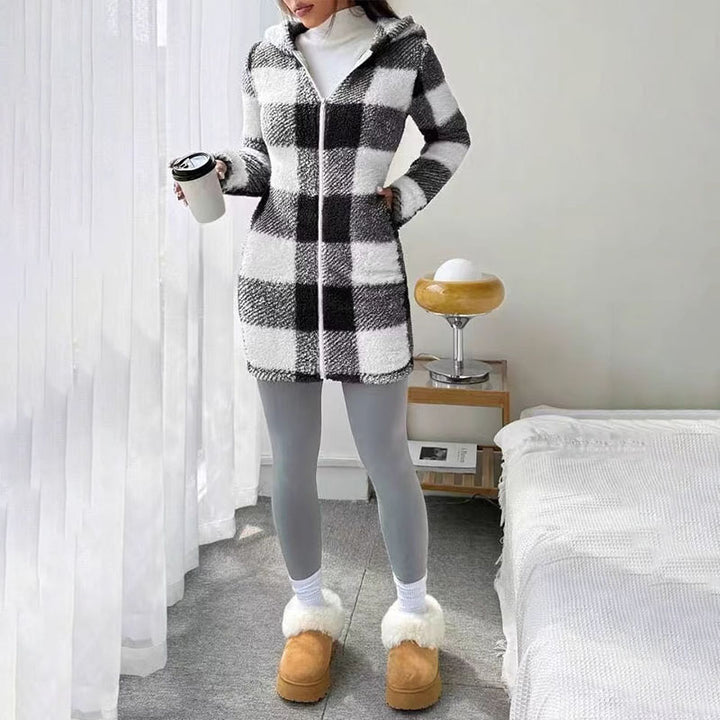 Plaid plush hooded zip-up jacket