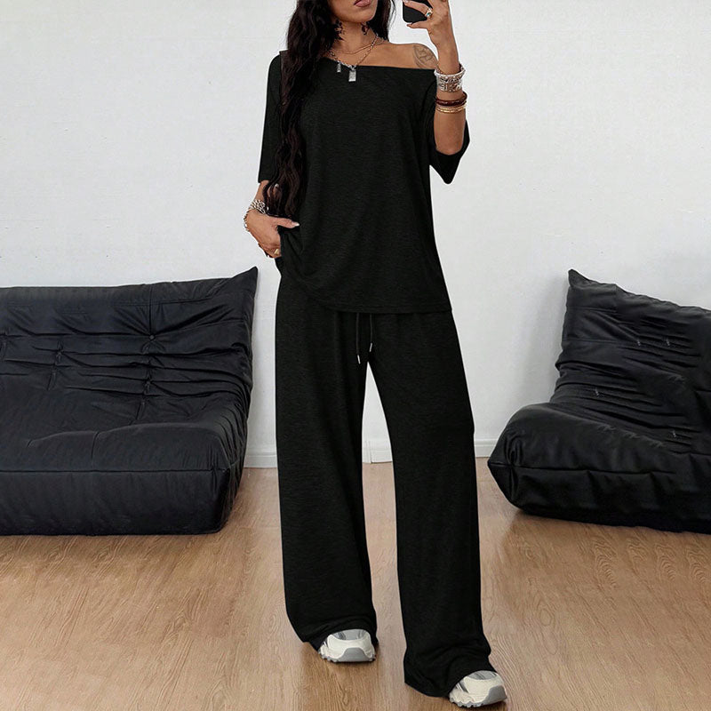Off-shoulder short-sleeve top and wide-leg trousers set