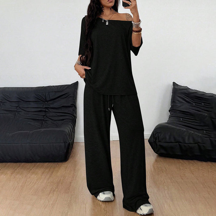 Off-shoulder short-sleeve top and wide-leg trousers set