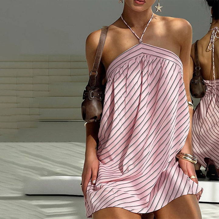 Diagonal-stripe backless sleeveless straight-cut dress