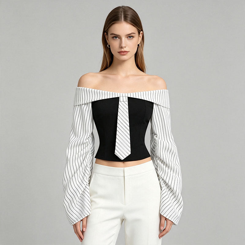 Off-shoulder color-blocked striped long-sleeved top