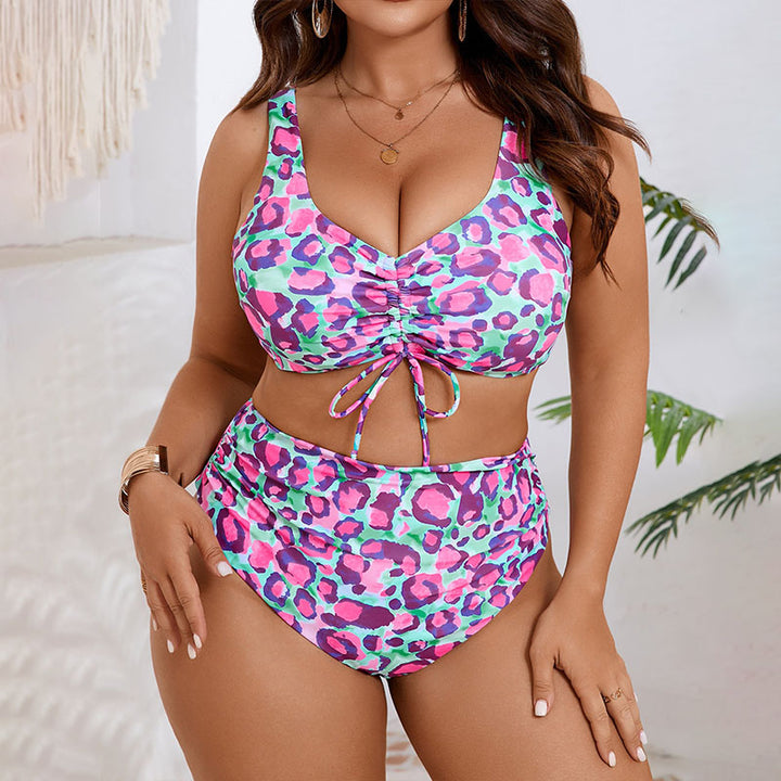Plus-size leopard print high-waisted ruched bikini set