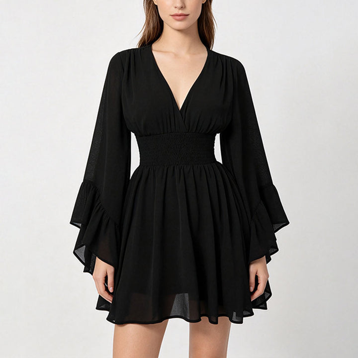 V-neck flared long-sleeved fitted waist dress