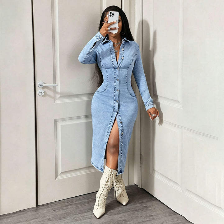 Button-front slim-fit denim dress