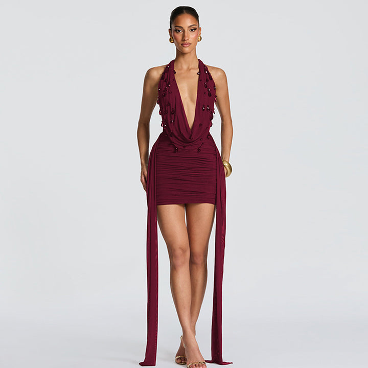 Draped Deep-V Halter Dress
