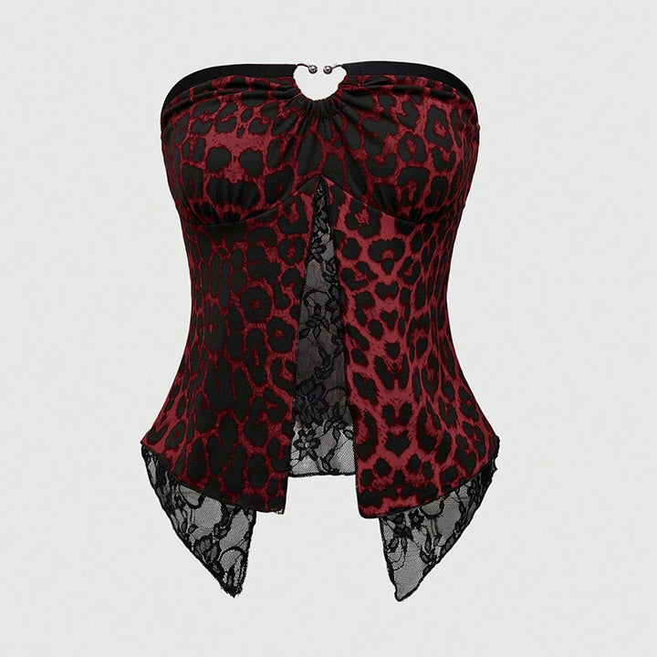 Leopard-print lace-trim tube top