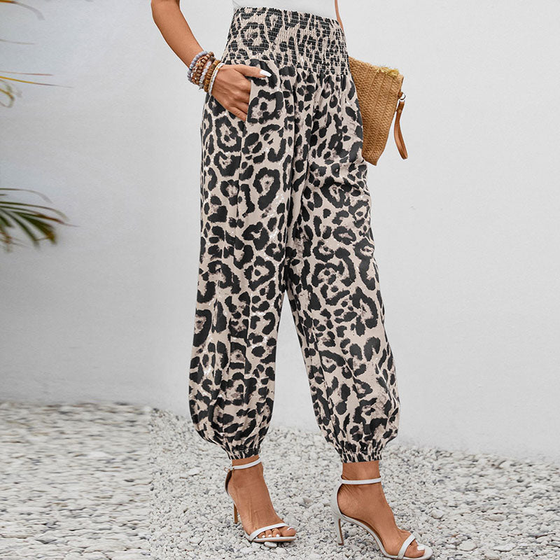 Casual leopard print elastic waist harem pants