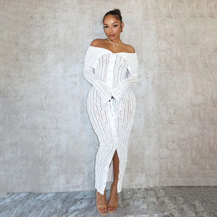 Front-slit wavy-patterned fitted long-sleeved dress