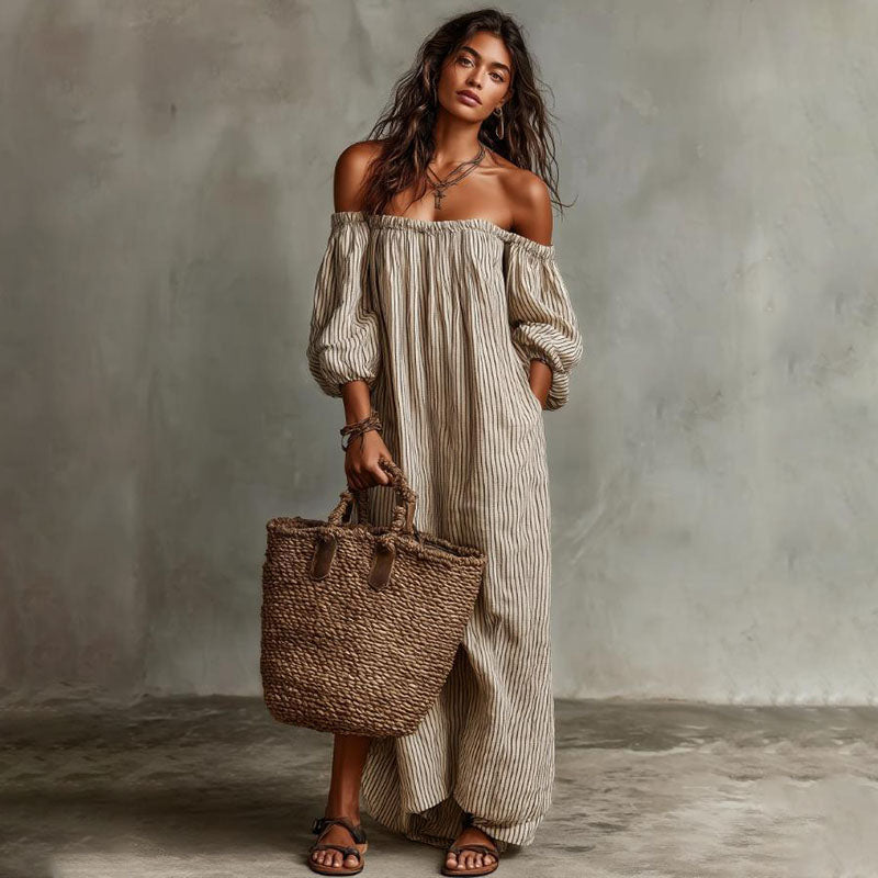 Striped off-shoulder puff-sleeve loose dress