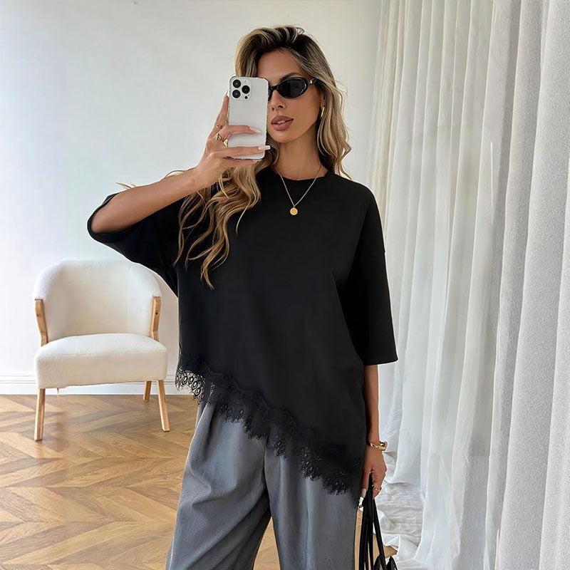 Irregular lace hem short-sleeved top