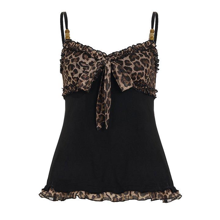 Leopard print patchwork bow camisole top