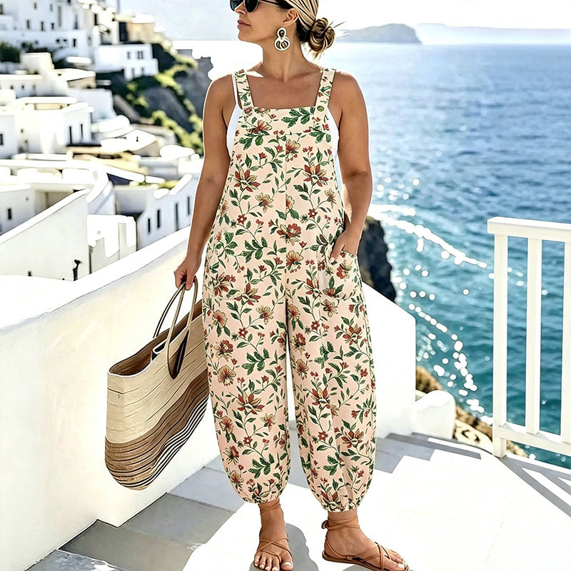 Plus-size casual printed camisole jumpsuit