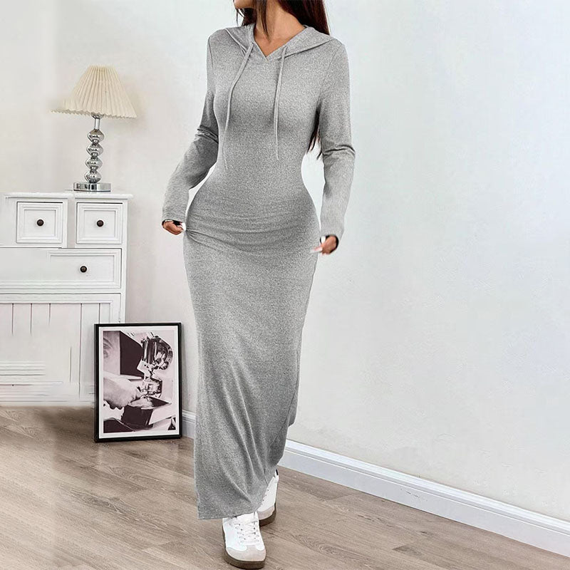 Casual side-slit hooded long dress