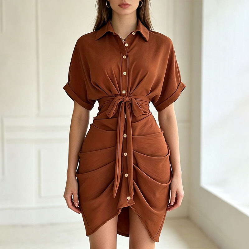 Belted pleated shirt dress